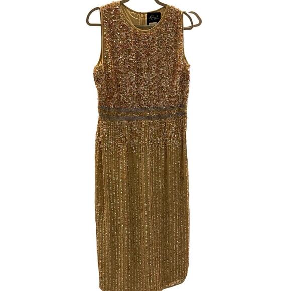 Mac Duggal Midi Dress Champagne Nude Beige Sequin Beaded Size 10 NWT MOTB Modest - Picture 3 of 8